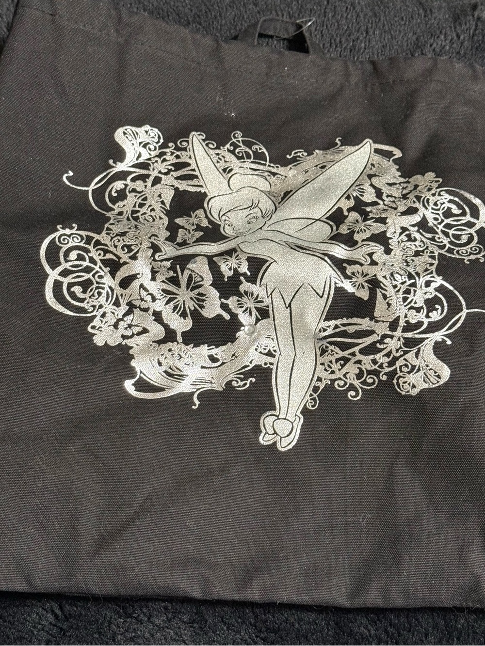Disney Tinker Bell Mini Backpack Bag Fairy Black Silver Drawstring Purse